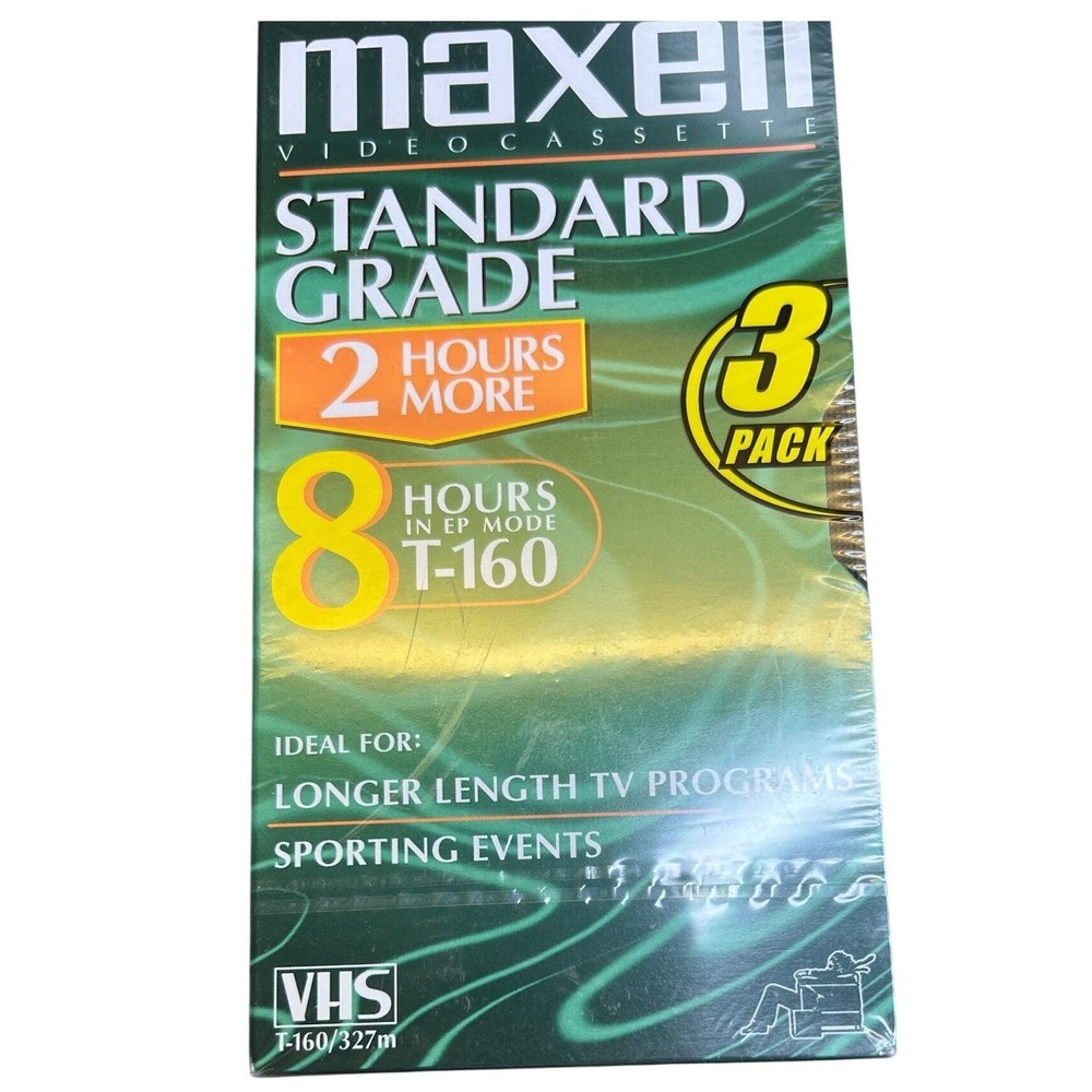 Maxell VHS T-160 Video Cassette 3 Pack Green Standard Grade 8 Hour New